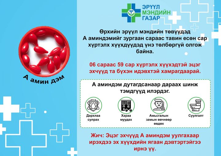 Өрхийн эрүүл мэндийн төвүүдэд А аминдэмийг хүүхдүүдэд үнэ төлбөргүй олгож байна.
